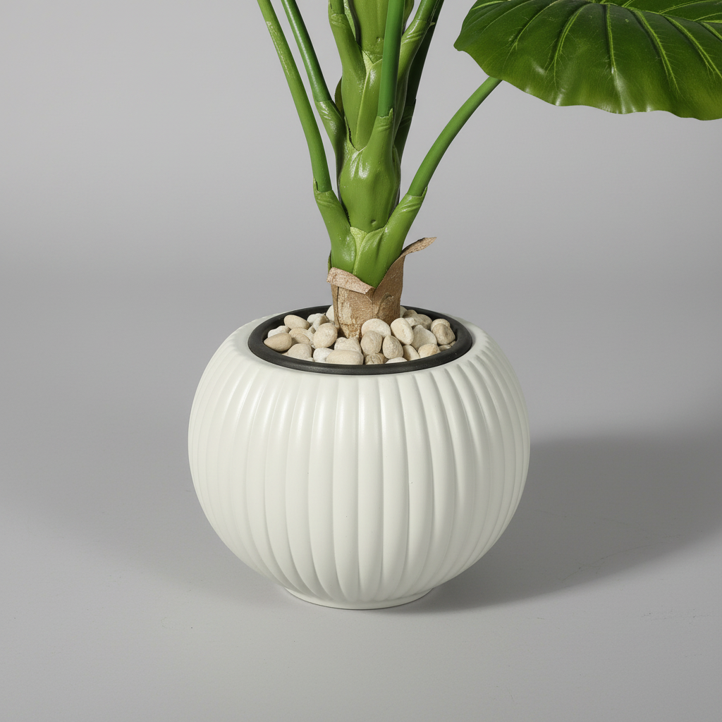 Close-up macro of artificial plant pot and trunk base on gray studio background