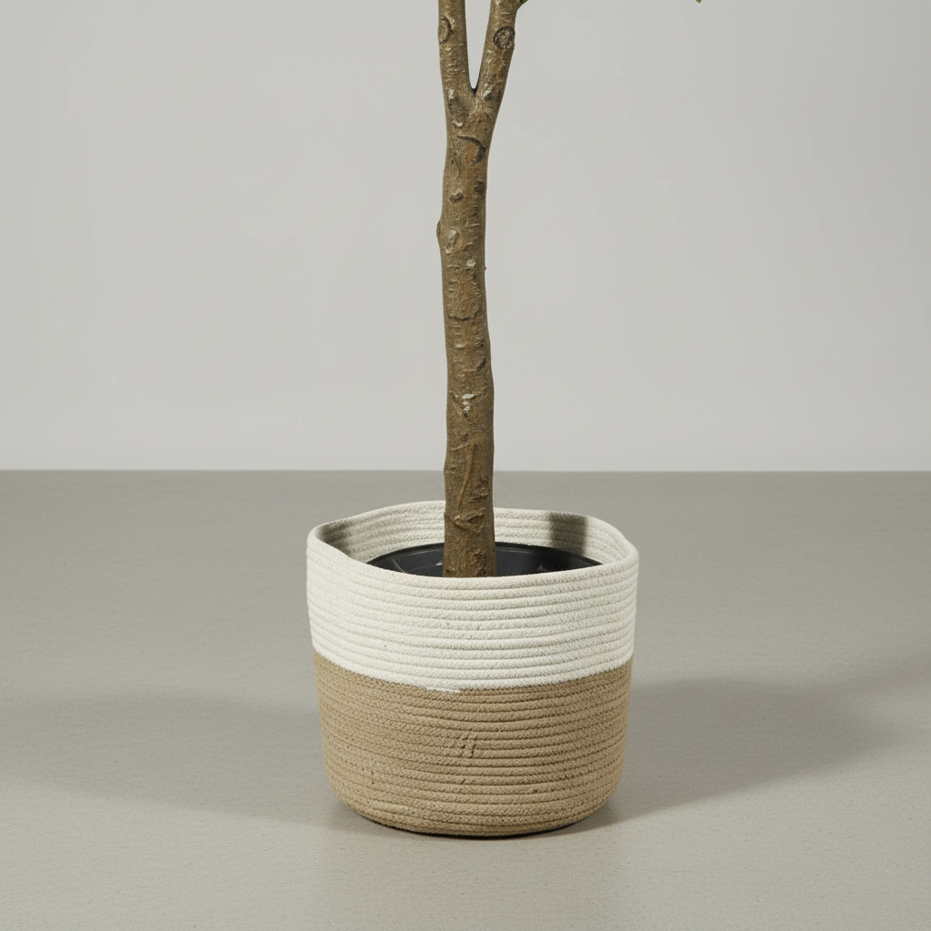 Close-up of 2M olive tree trunk and rope-wrapped pot with shadow