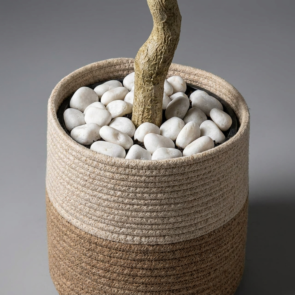 Close-up of artificial plant pot and trunk base on gray background