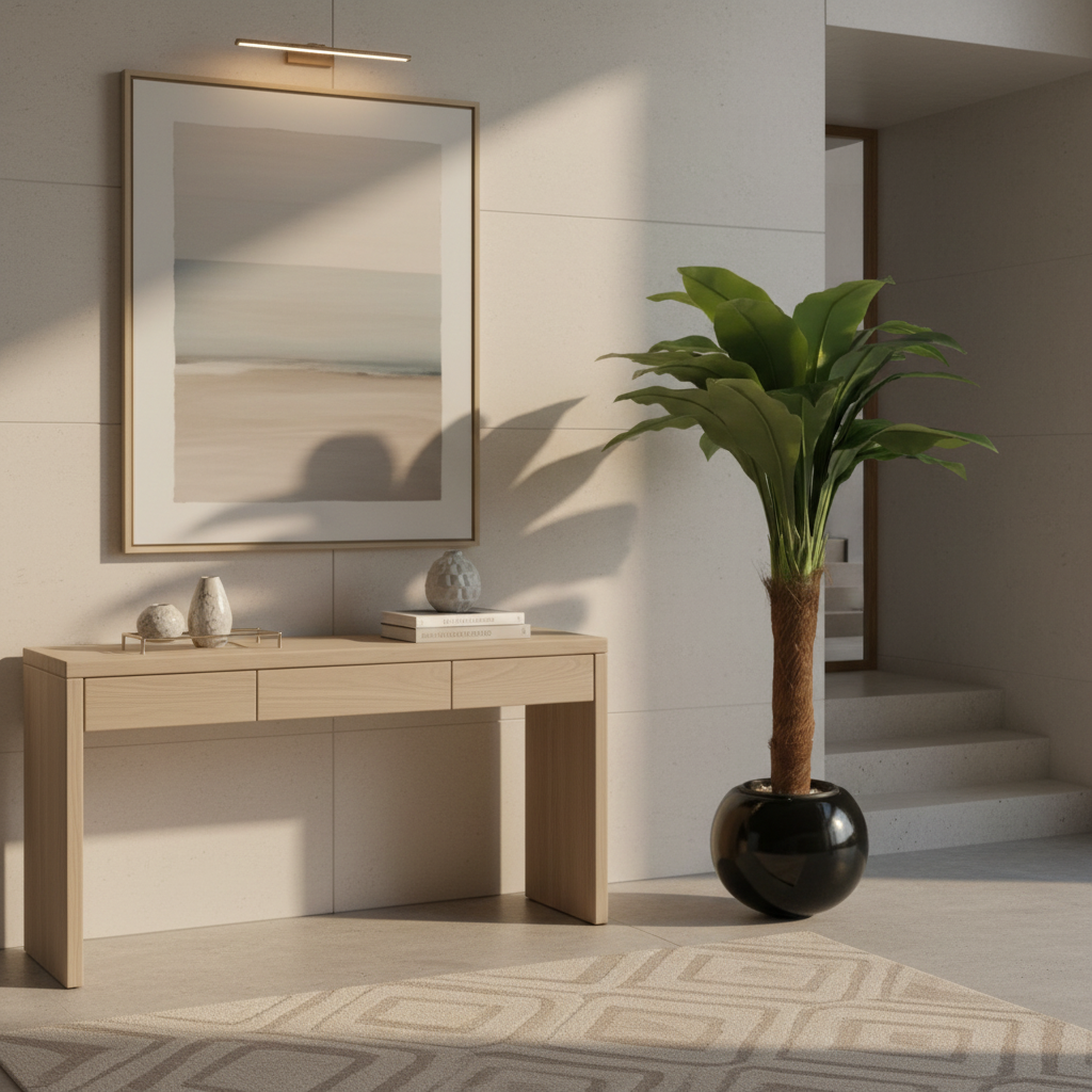 Artificial dracaena tree in modern entryway