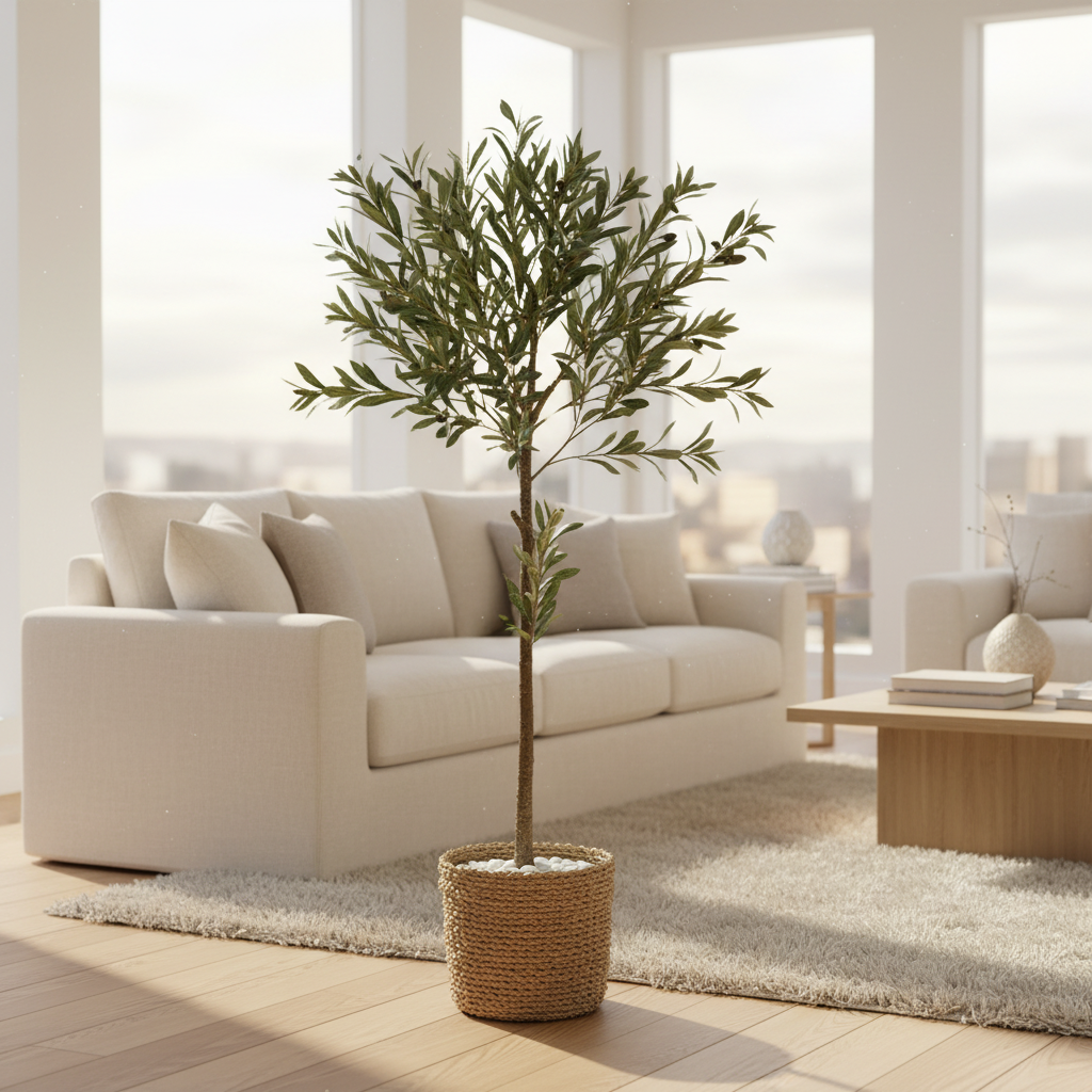 Lush artificial greenery plant in modern living room with cream sofa