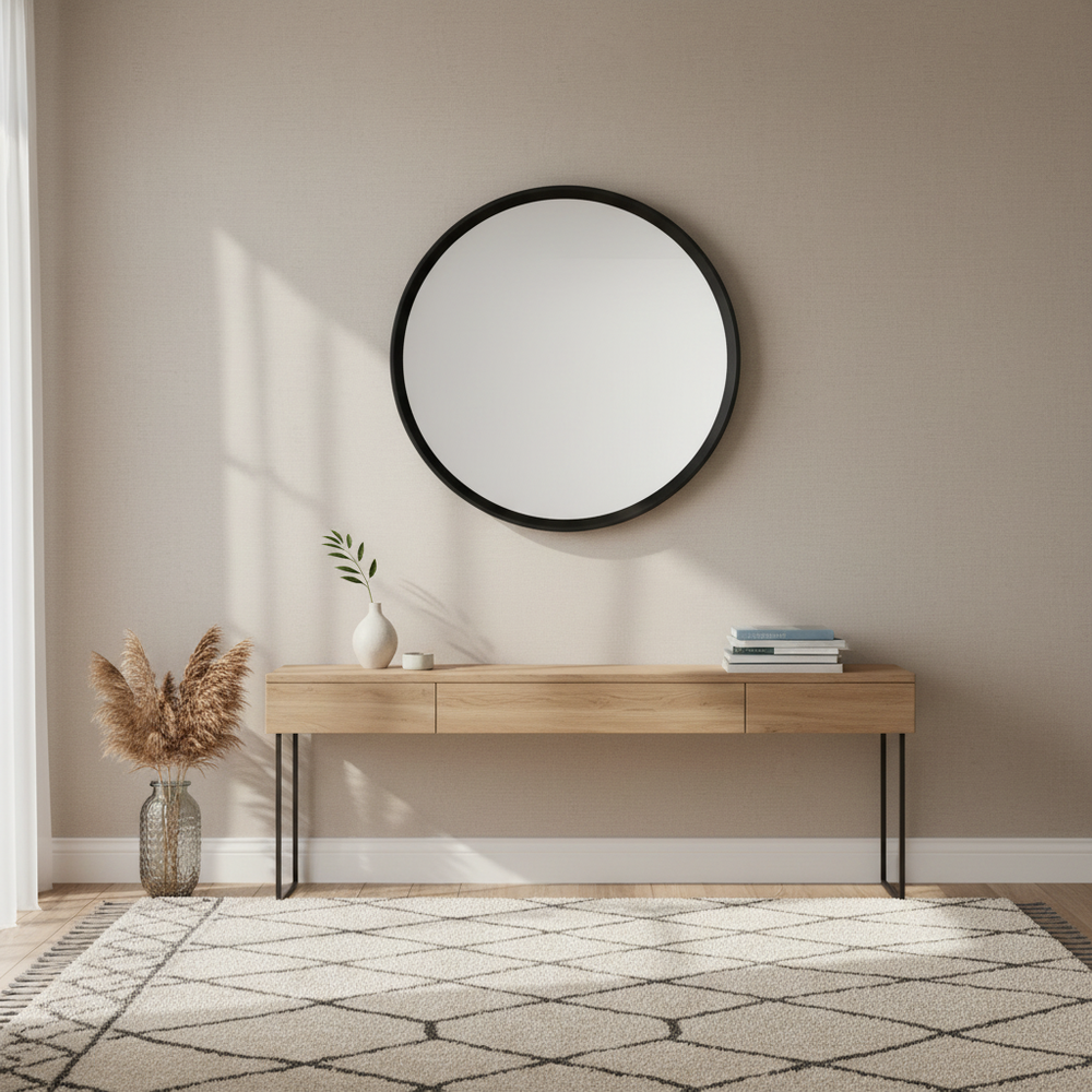 Black wood-framed wall mirror in a living room above a console table