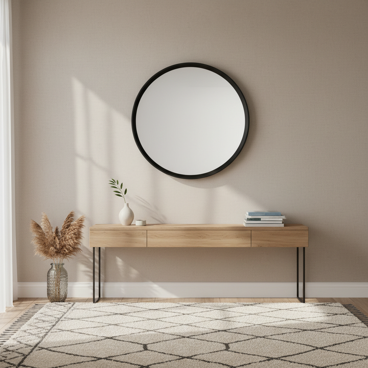 Black wood-framed wall mirror in a living room above a console table
