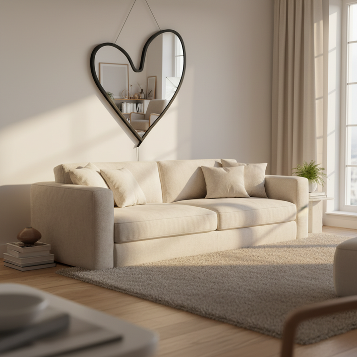 Heart-shaped mirror in modern living room as focal point