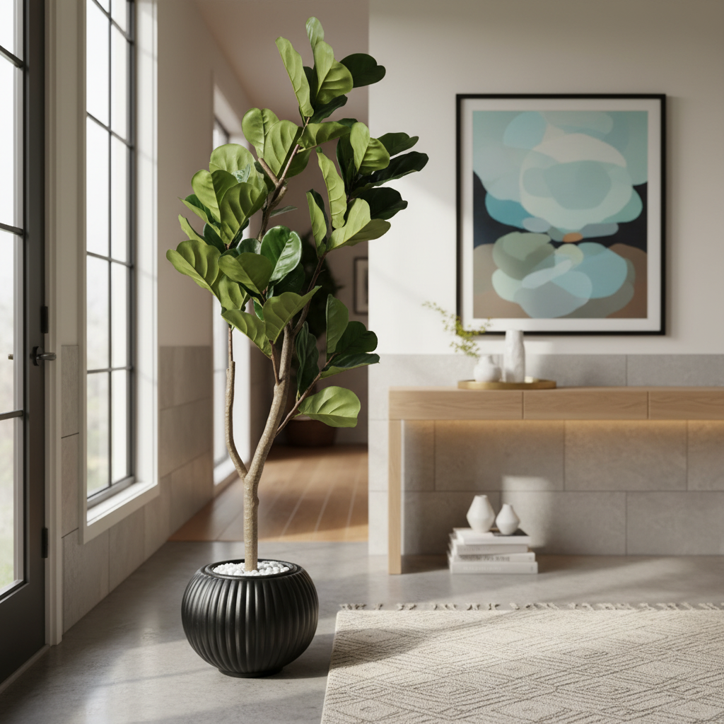 Artificial boxwood shrub in stylish modern entryway