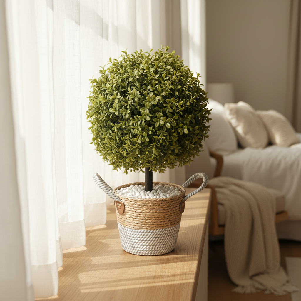 Artificial fern on bright bedroom windowsill with morning light