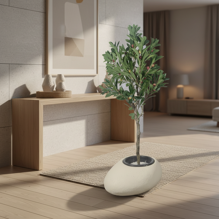 Artificial cherry tree in modern entryway