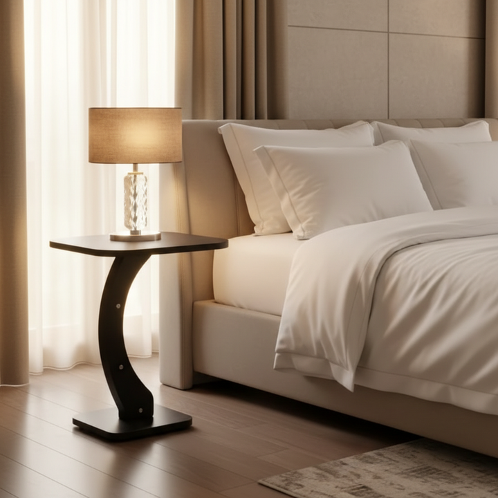 Black curved side table as luxurious bedside table with warm professional lighting