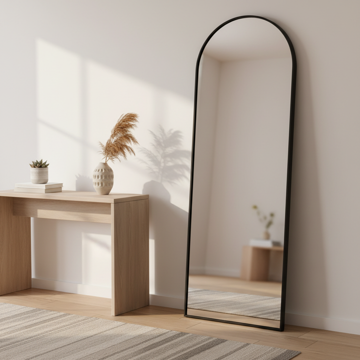 Decorative mirror standing in modern entryway against wall