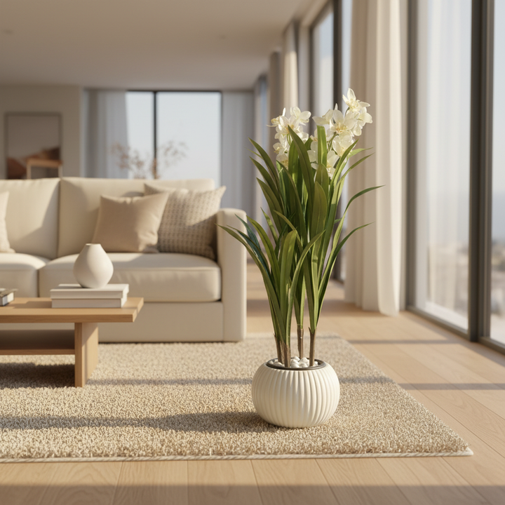 Artificial lucky bamboo in modern living room with cream sofa