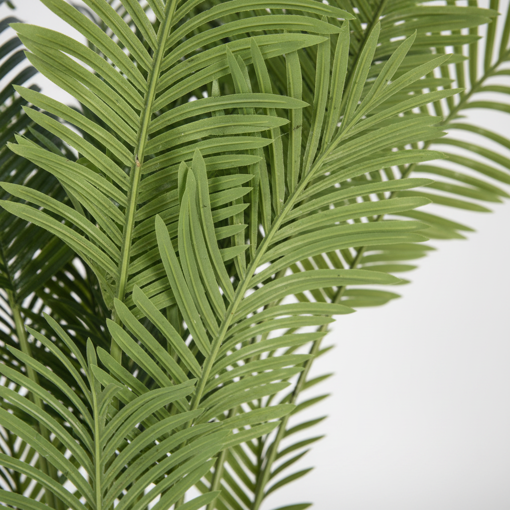 Close-up of artificial snake plant vertical blade-like leaves on white studio background