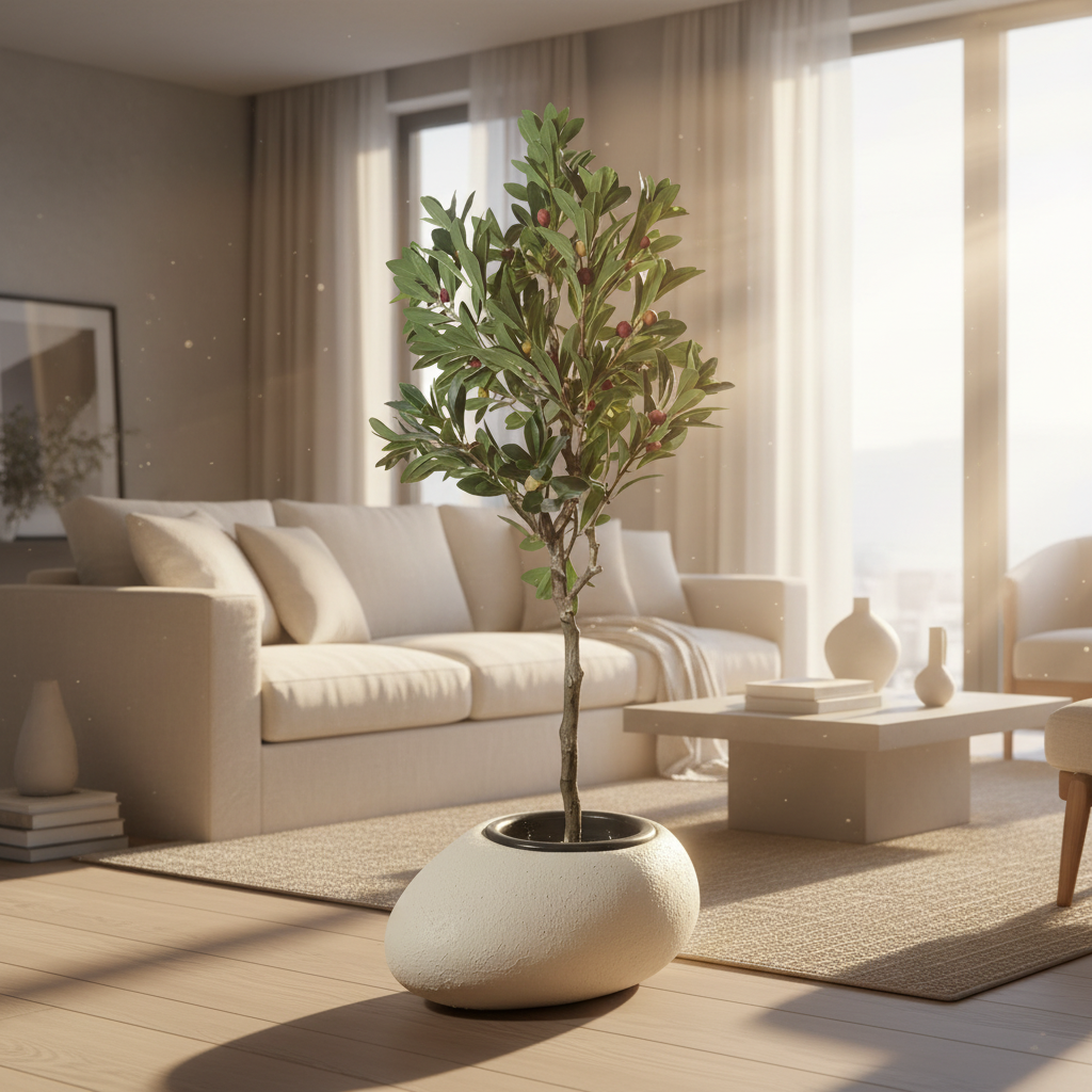 Artificial cherry tree in modern living room with pink blossoms and red cherries