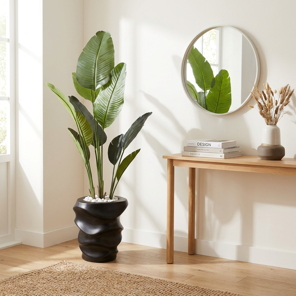 Artificial indoor plant styled in a bright home entryway or office