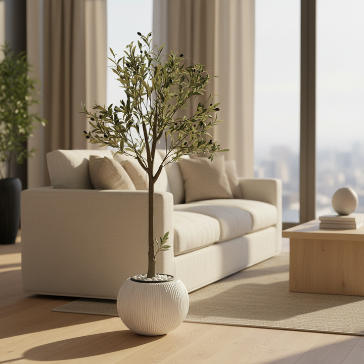 Artificial olive tree in modern living room with cream sofa and white pebbles