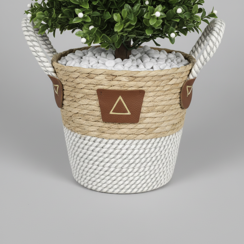 Close-up macro of artificial succulent gray pot on light gray studio background