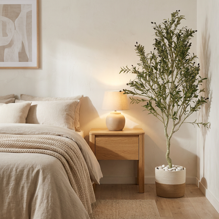 Artificial plant in bedroom corner lifestyle setting