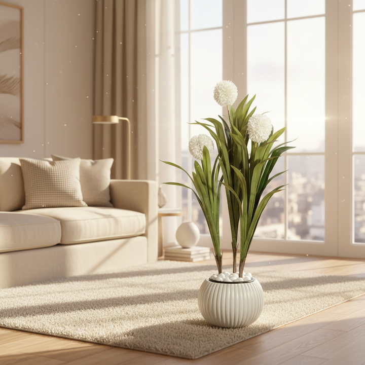 Artificial monstera in modern living room with cream sofa