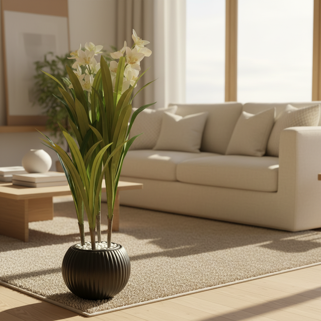 Artificial trailing pothos in modern living room with cream sofa