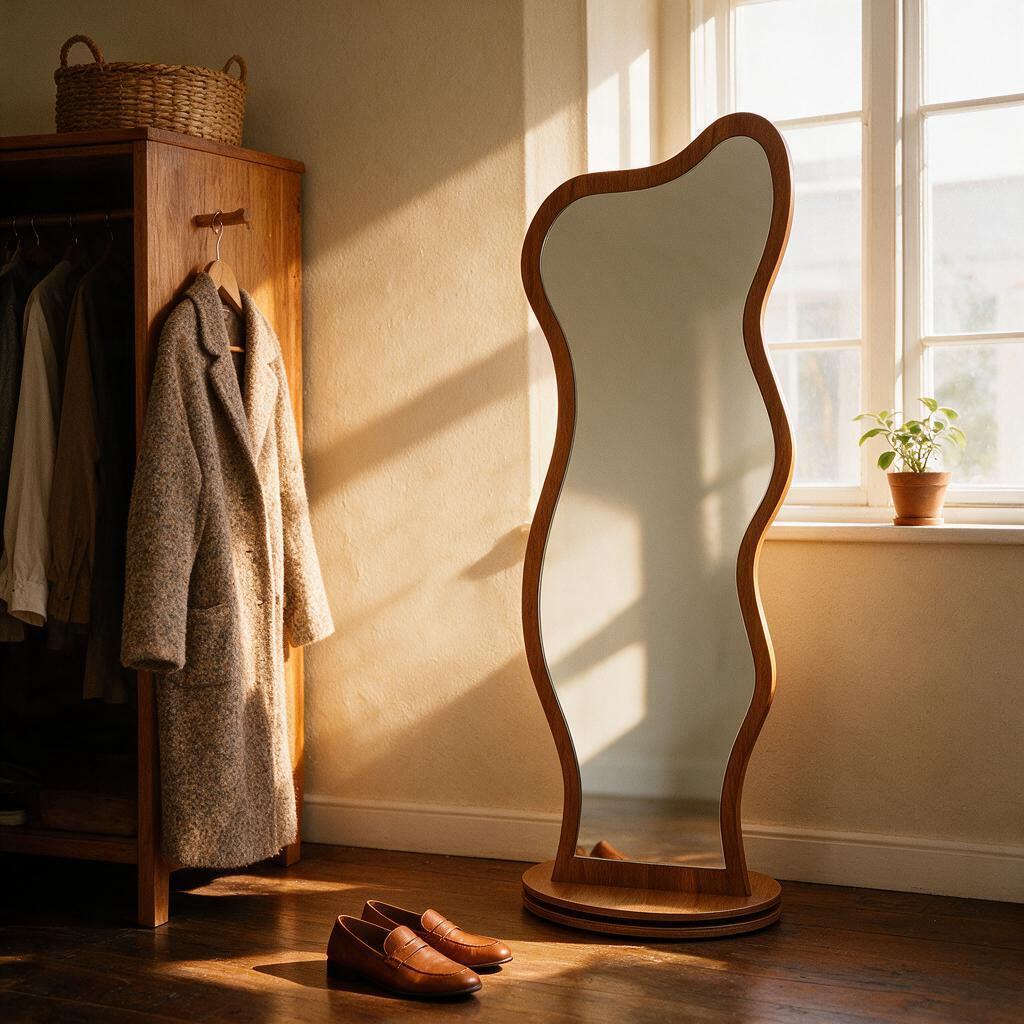 Wavy full-length mirror in a sunlit dressing area