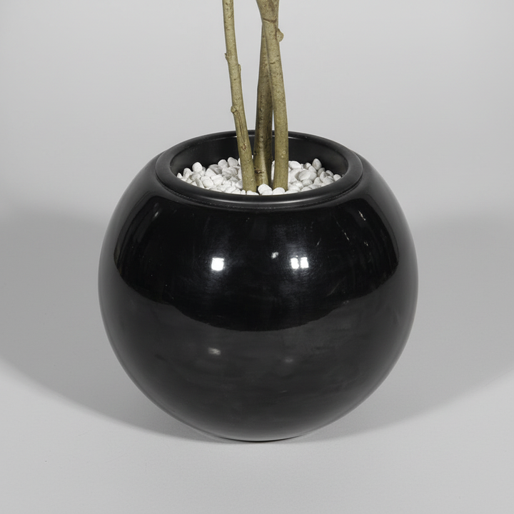 Close-up macro of artificial rosemary black pot on light gray studio background