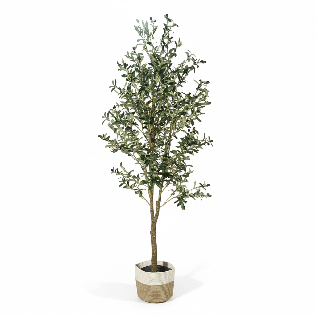 Tall 2M artificial olive tree full product shot on white studio background