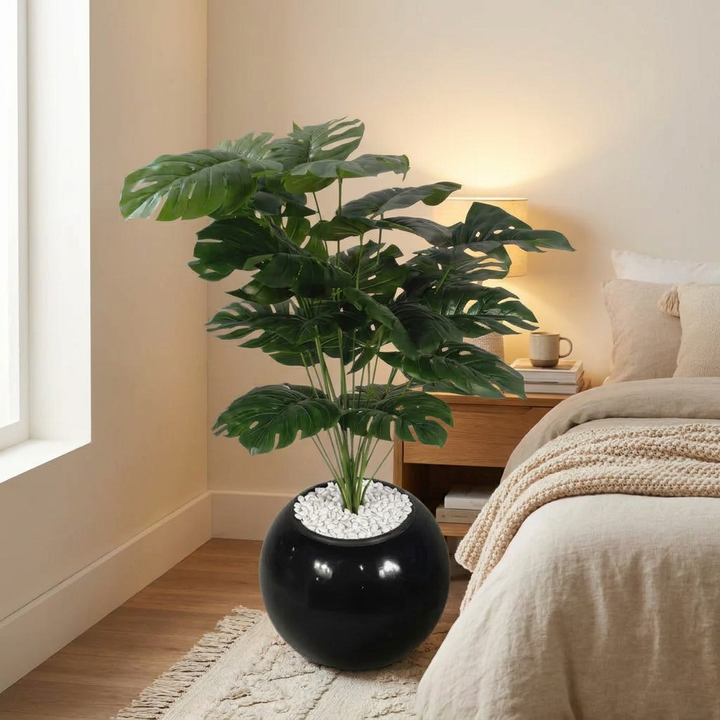 Artificial plant in bedroom corner lifestyle setting