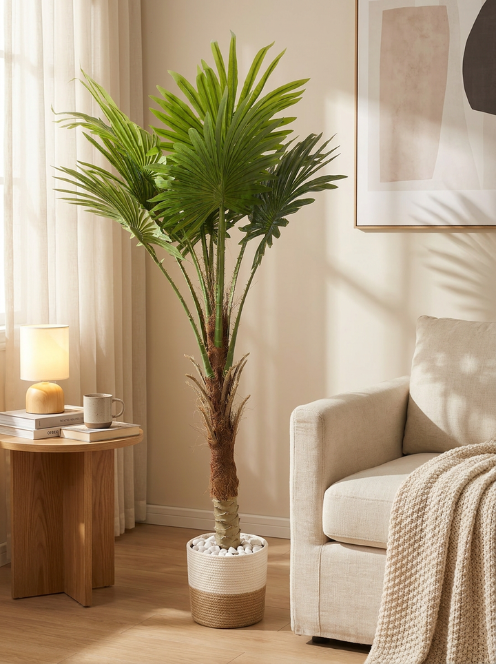 Artificial plant in cozy bedroom corner lifestyle setting