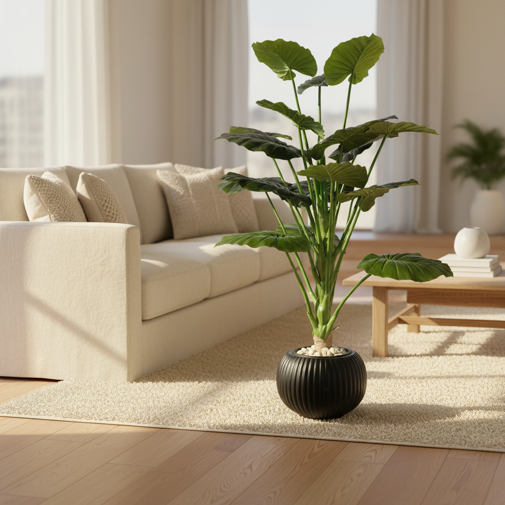 Artificial trailing ivy in modern living room with cream sofa and white pebbles