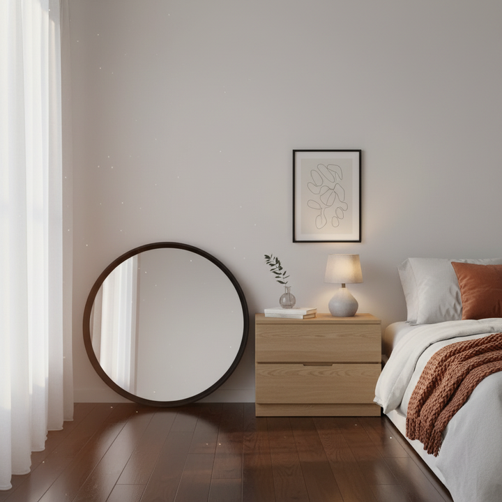 Black wood-framed wall mirror leaning in a bedroom