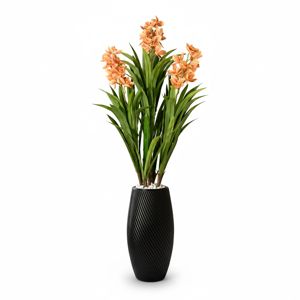Artificial Peach Orchid Plant 220 cm in black ribbed planter - studio white background