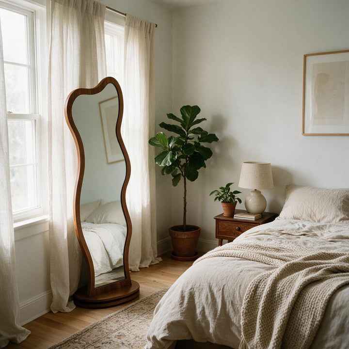 Wavy full-length wooden mirror in a bedroom corner