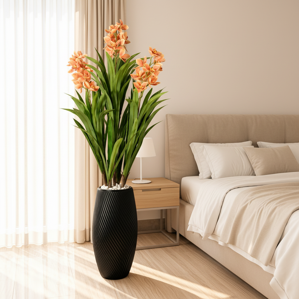 Artificial Peach Orchid Plant 220 cm in black ribbed planter - bedroom