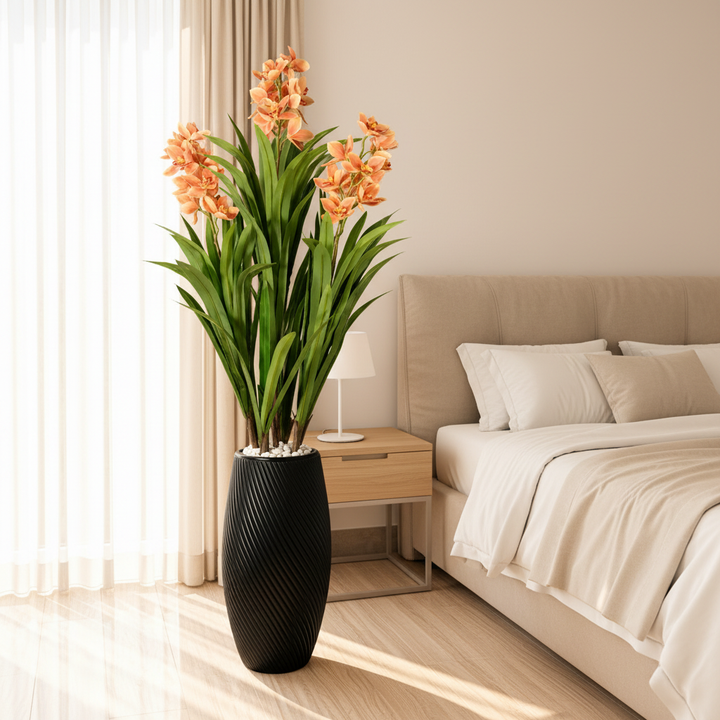 Artificial Peach Orchid Plant 220 cm in black ribbed planter - bedroom