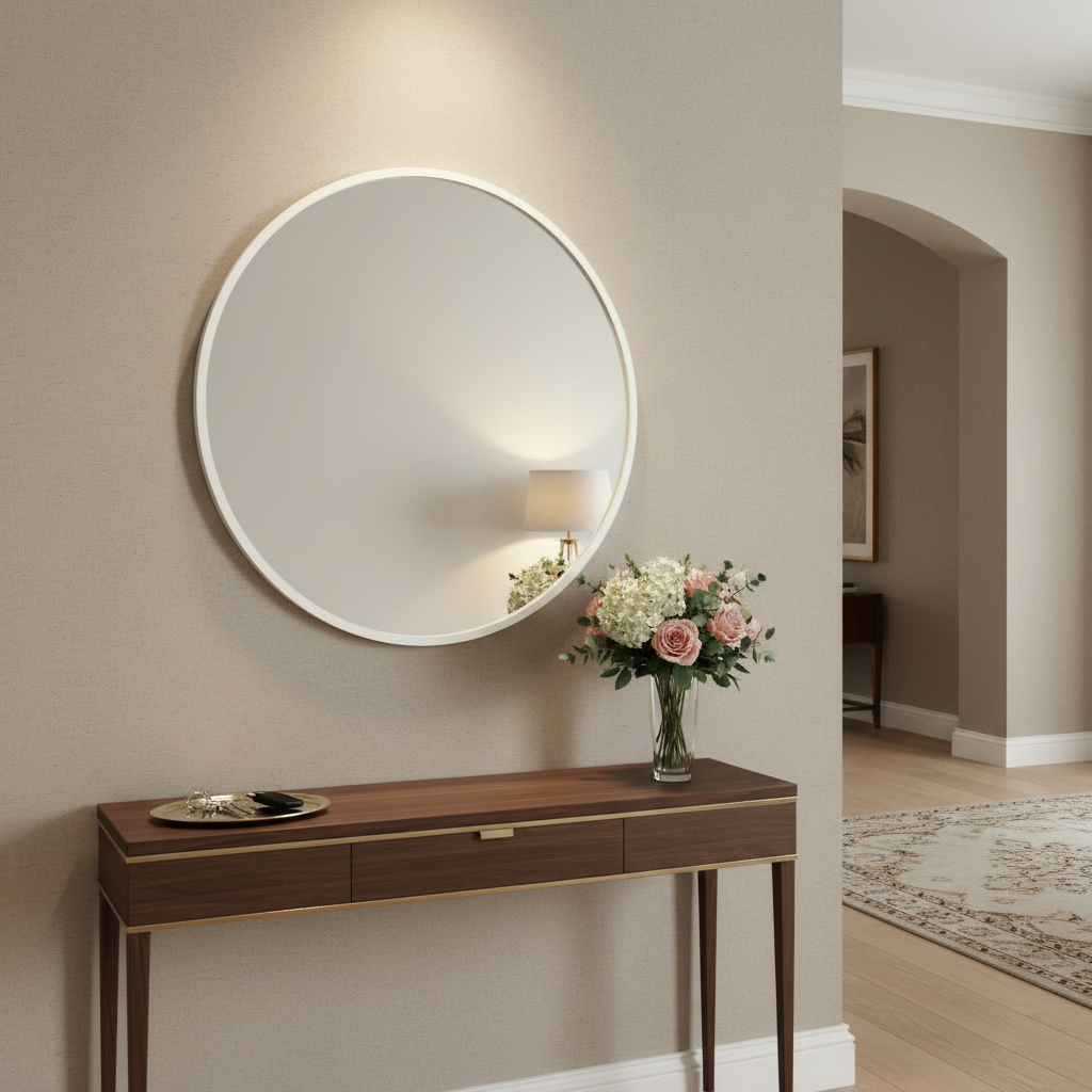 White wood-framed wall mirror in an entryway above a console table