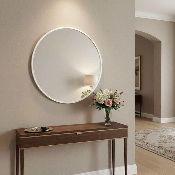 White wood-framed wall mirror in an entryway above a console table