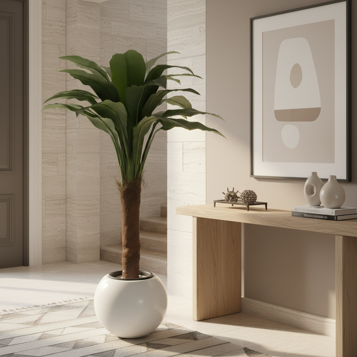 Artificial fern tree in modern entryway