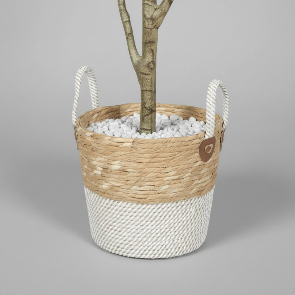 Close-up macro of artificial Ficus white pot on gray studio background