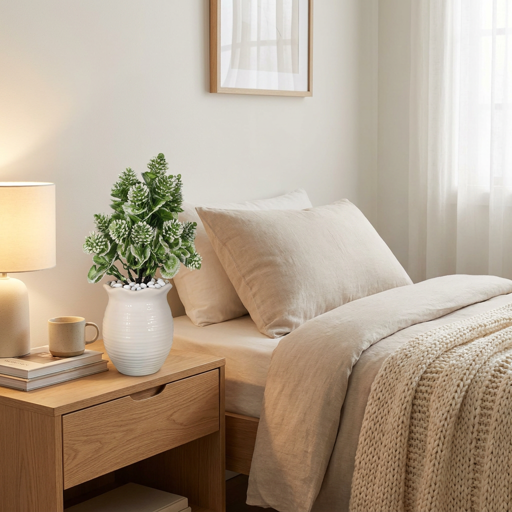 Artificial plant in bedroom corner lifestyle setting