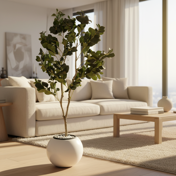 Artificial dracaena in modern living room with cream sofa