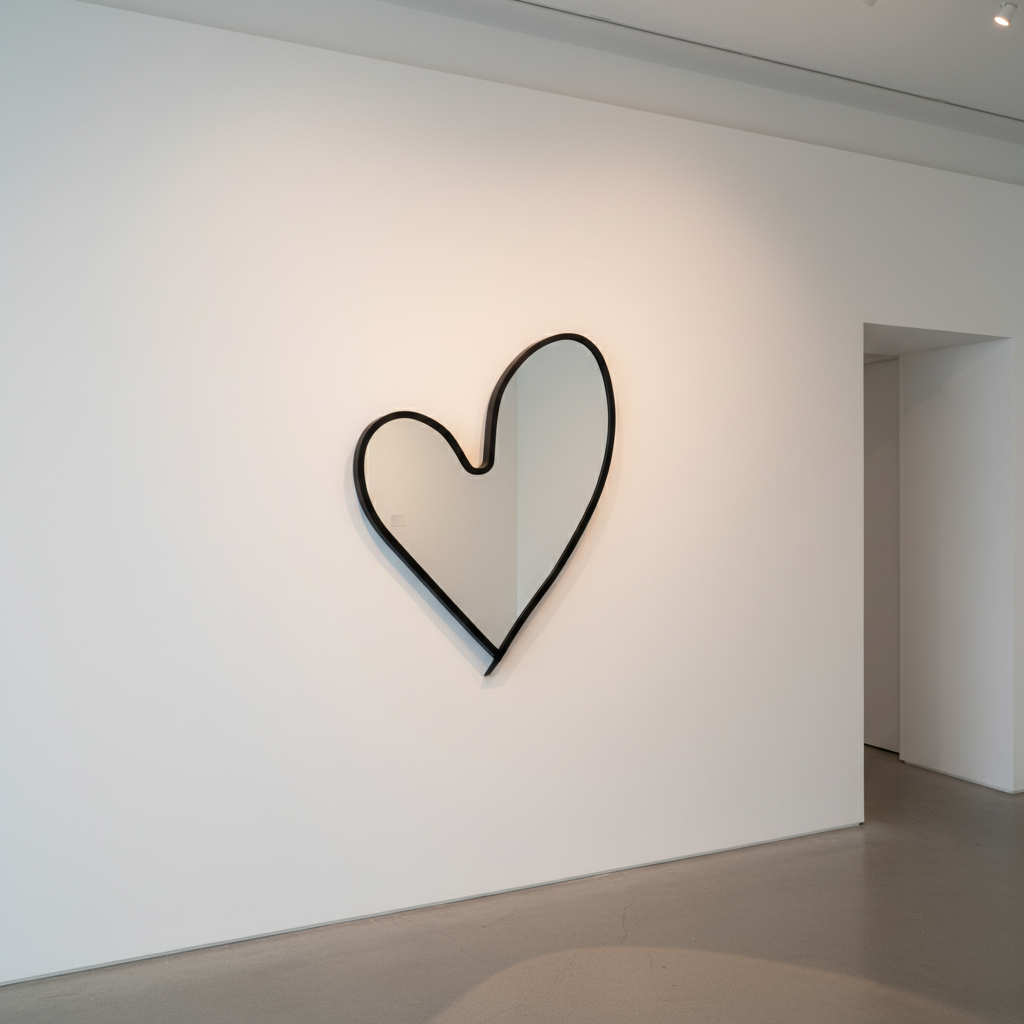 Heart-shaped mirror as gallery art installation statement piece