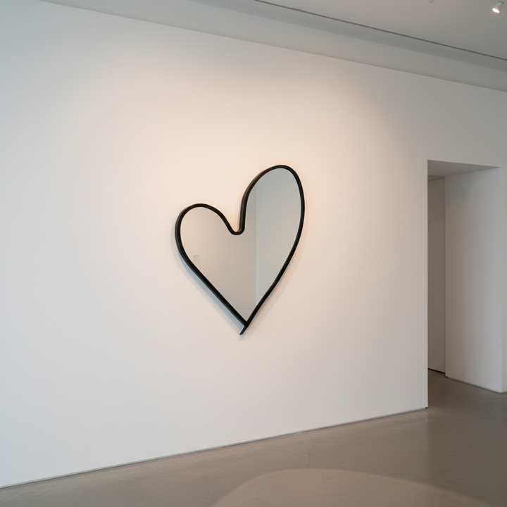 Heart-shaped mirror as gallery art installation statement piece