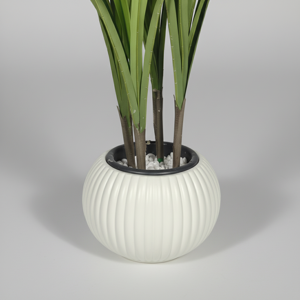 Close-up macro of artificial bamboo white pot on light gray studio background