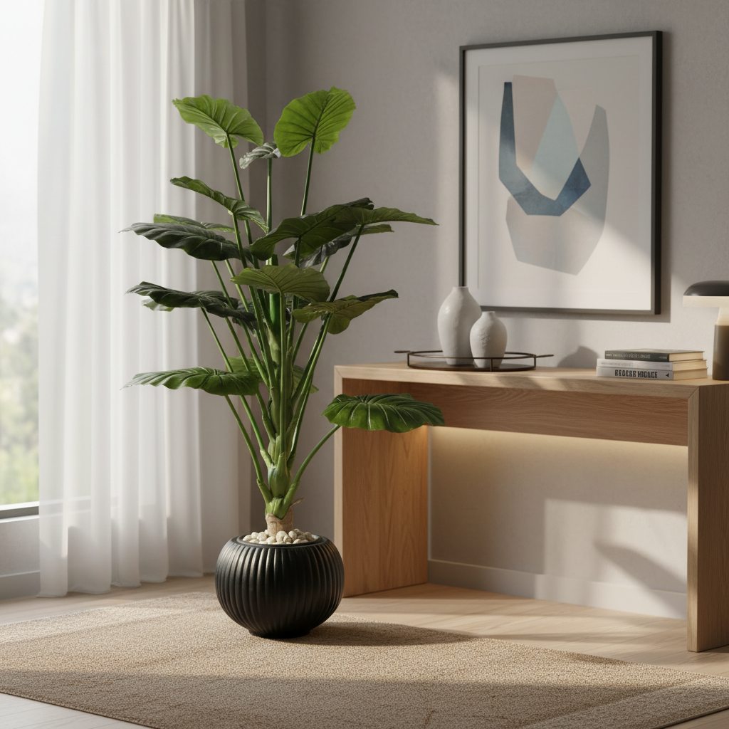 Artificial trailing ivy in stylish modern entryway with console table