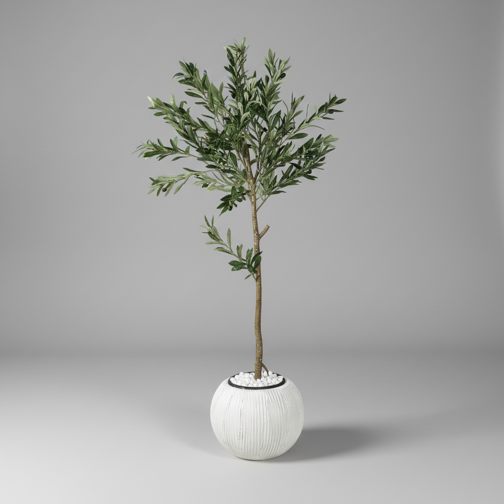 Close-up of artificial ficus tree pot and trunk base on gray studio background