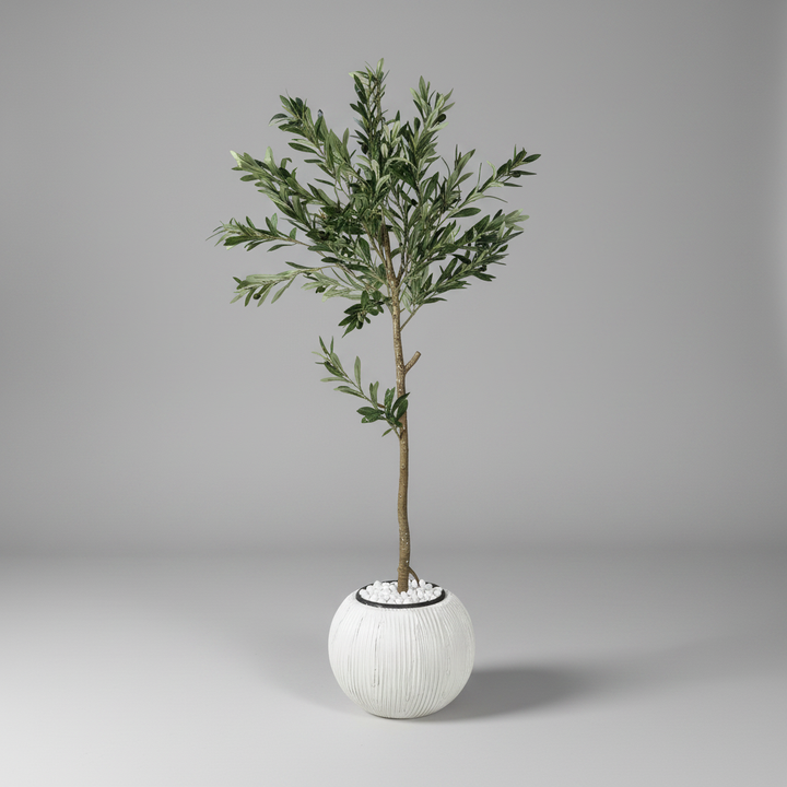 Close-up of artificial ficus tree pot and trunk base on gray studio background