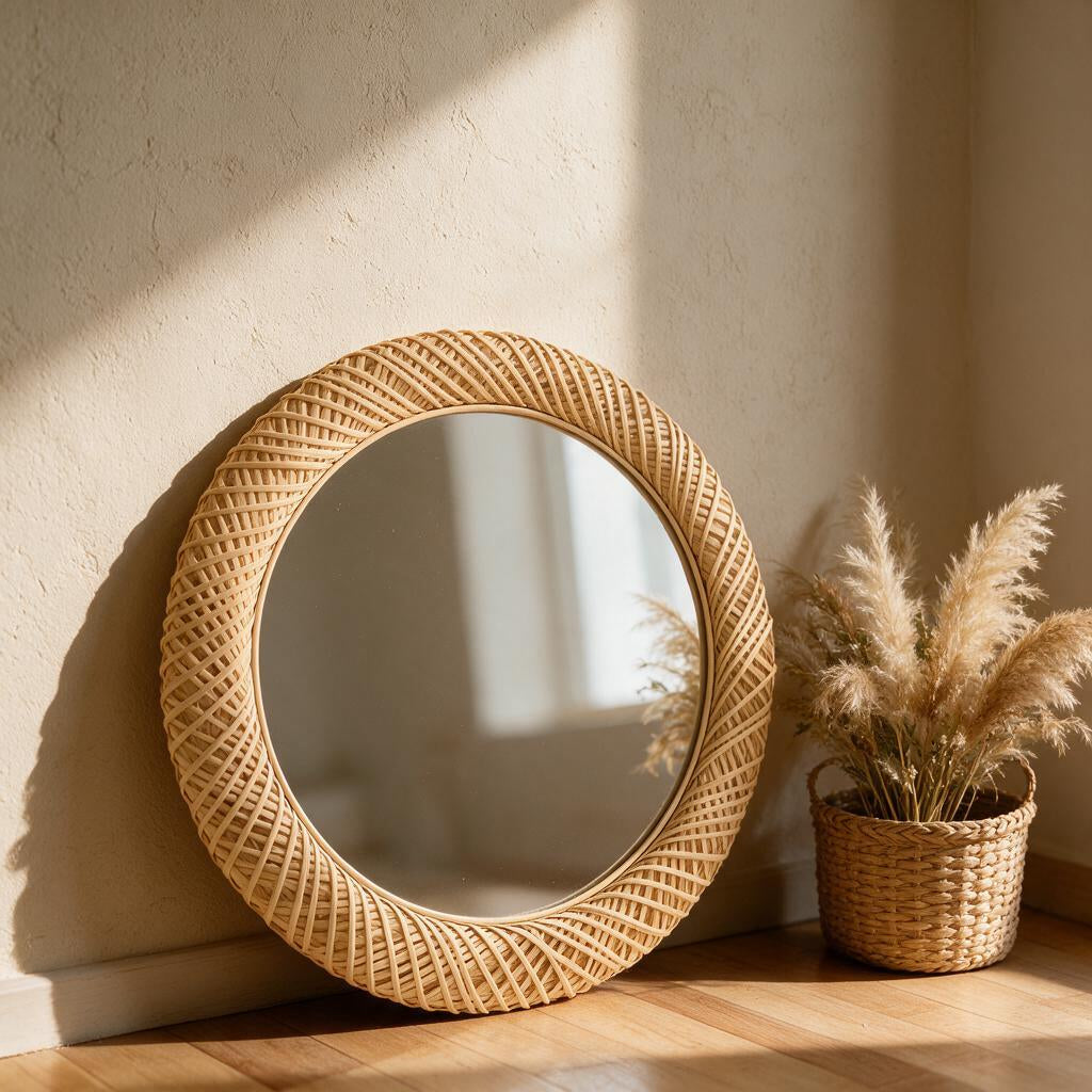 Round woven rattan wall mirror in a boho entryway