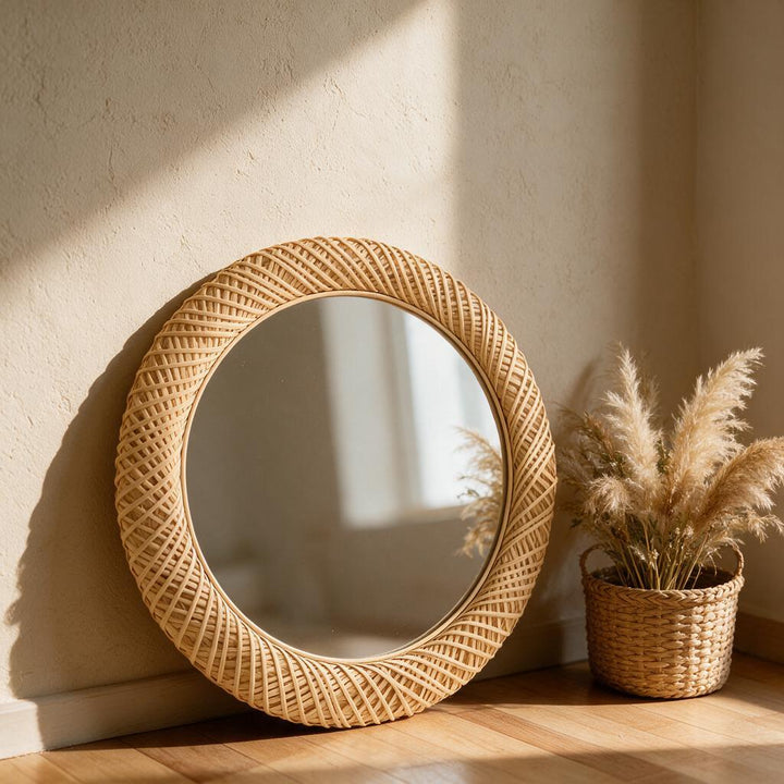 Round woven rattan wall mirror in a boho entryway