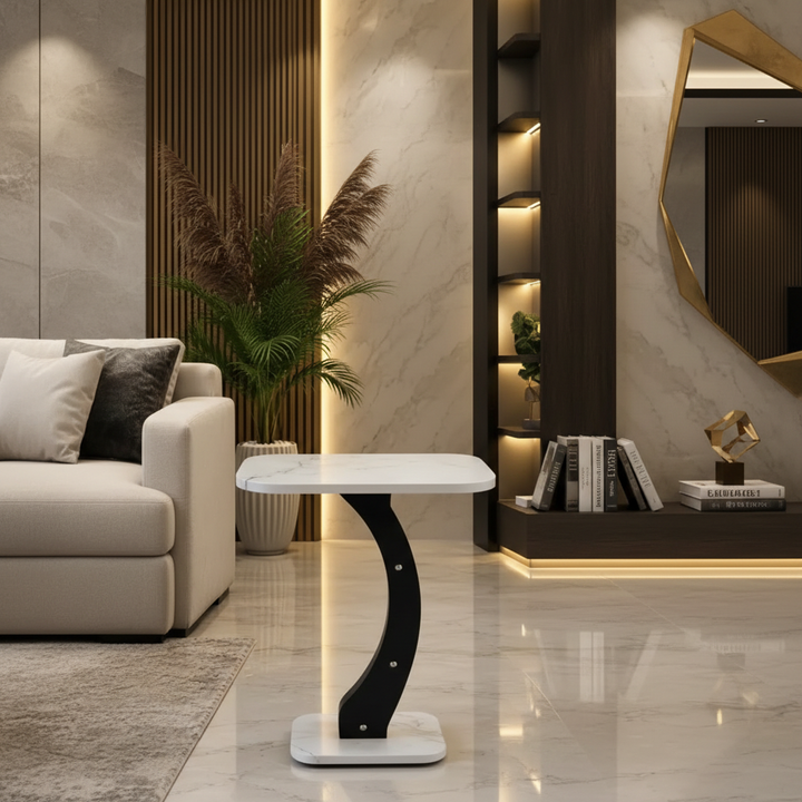 White marble side table in luxury entryway with professional studio lighting