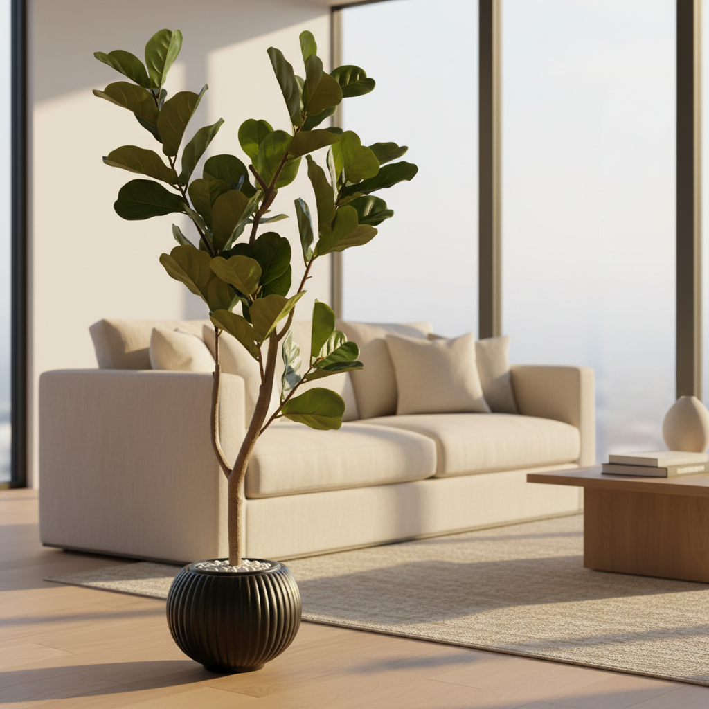 Artificial boxwood shrub in modern living room with cream sofa