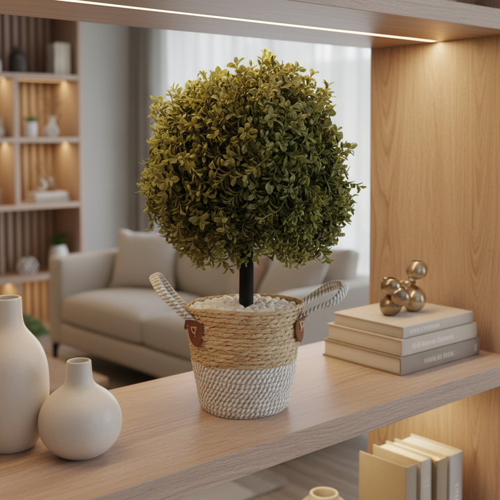 Artificial fern on decorative shelf with curated décor items